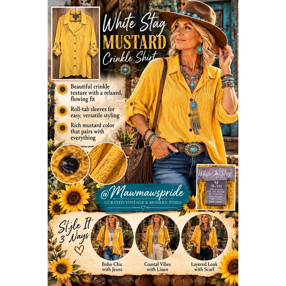 White Stag Mustard Crinkle Shirt M 8-10 Rayon Lagenlook Coastal Boho Roll Tab